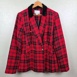 Charter Club Plaid Tweed Holiday Christmas Blazer Jacket Velvet Collar Red Sz 8